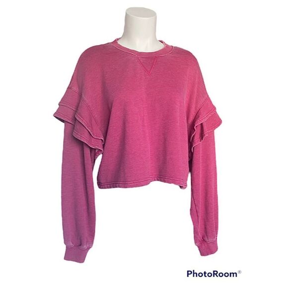 7 For All Mankind Raspberry Ruffle Cropped Top Sweatshirt Crewneck Sz L NWT - Picture 7 of 7